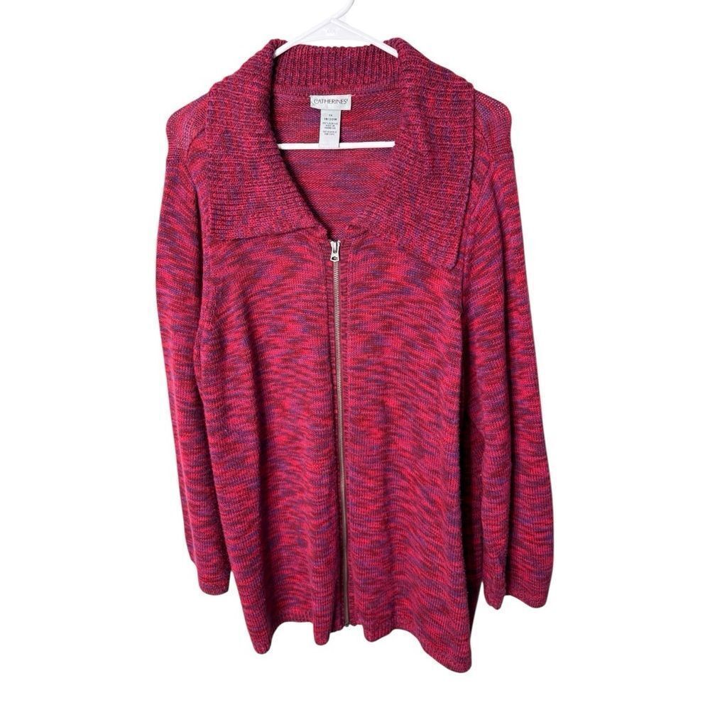 Catherines Full Zip Space Dye Knit Cardigan Sweater Red Purple 1X 18/20W